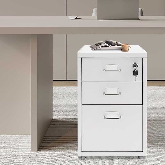 3-Tier Vertical File Cabinet Metal Mobile File Cabinet with Lock+Wheels Lockable Filing Cabinet with 2 Keys Rolling File Cabinets with Lock for Home Office (White)