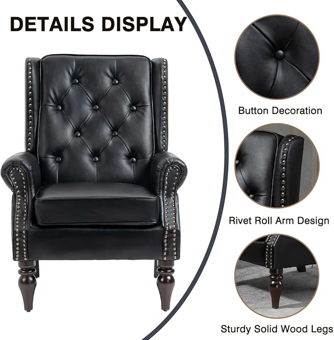 Wingback Chairs Set 2Mid Century PU Leather Accent Chair with Sturdy Wood Legs and High Back Single Sofa Club Armchair Chair for Living RoomBedroomOfficeBlack