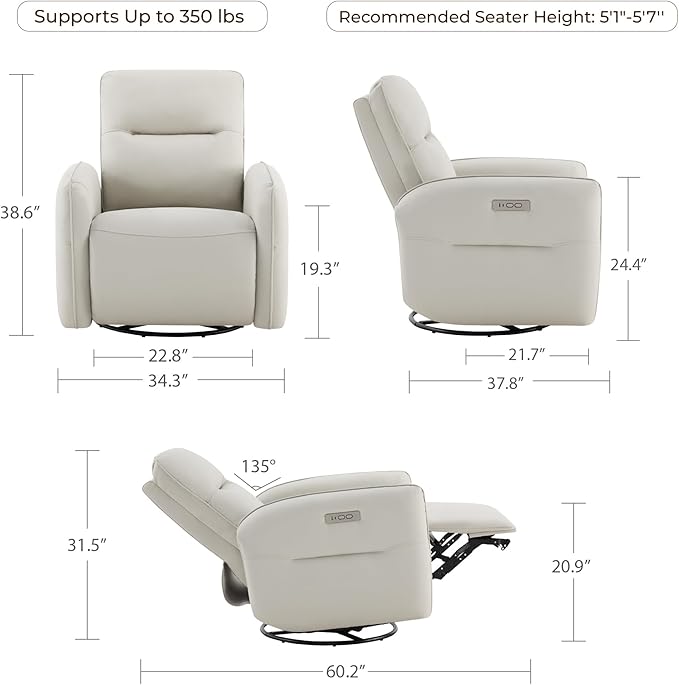 CHITA Faux Leather Power Recliner Chair Swivel Glider Recliner for Adults Nursery Rocking Chair with USB &amp Type-C Charging for Living Room Bedroom Creamy Grey