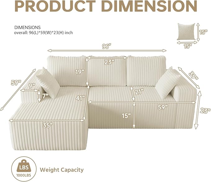 96 Cloud Sectional Couch with L-Shape Chaise4 Seat Modern Modular Sofa with Side PocketsUpholstered Couches for Living Room Bedroom Boneless CouchNo Assembly Required