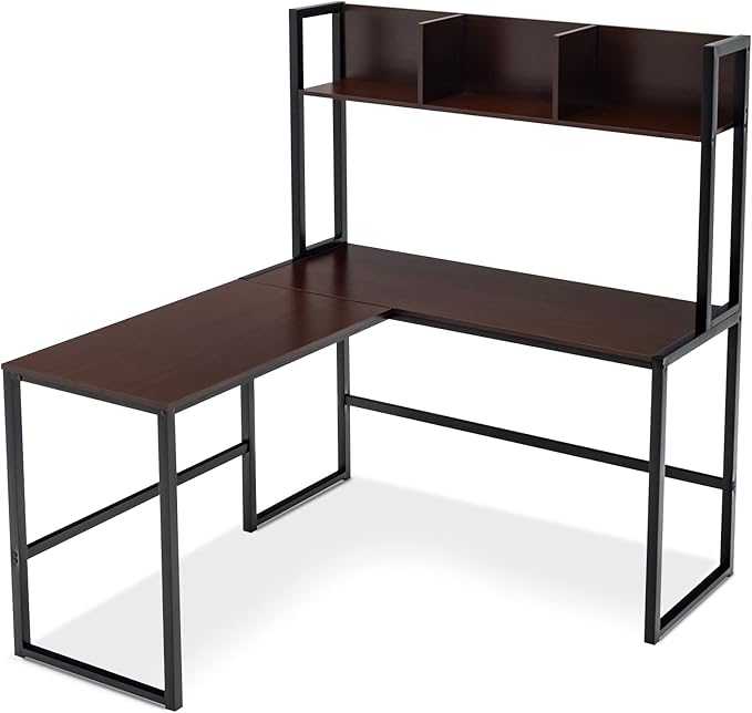 MEDIMALL L-Shaped Desk w/Storage Shelf Reversable Corner Desk Game Table w/Sturdy Metal Frame Multifunctional Computer Desk for Home Office (Teak)
