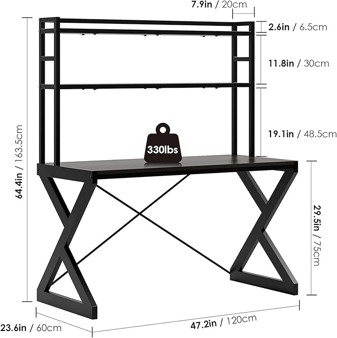 47 Industrial Desk with Shelves Study Writing Ladder Desk with Bookshelf Computer Desk with Hutch PC Workstation Gaming Table for Home Office Metal Frame Brown