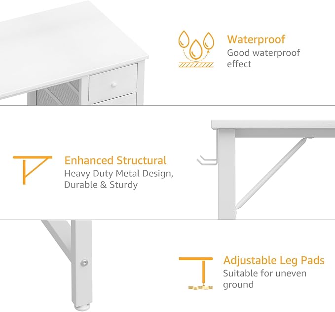 DLisiting 47 inch Desk Fabric Drawers - White Office Vanity Modern Cute PC Writing White Desk with Storage for Bedroom Home Office Computer Desks for Girls Teens Childrens