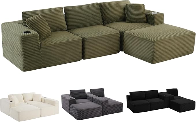 110 Boneless Couch in A Box Convertible L Shaped Modular Sectional Sofa Set with Deep Seat Corduroy Cloud Couch Sectional Couches for Living Room No Assembly Required(3 Seat+ 1 OttomanGreen)
