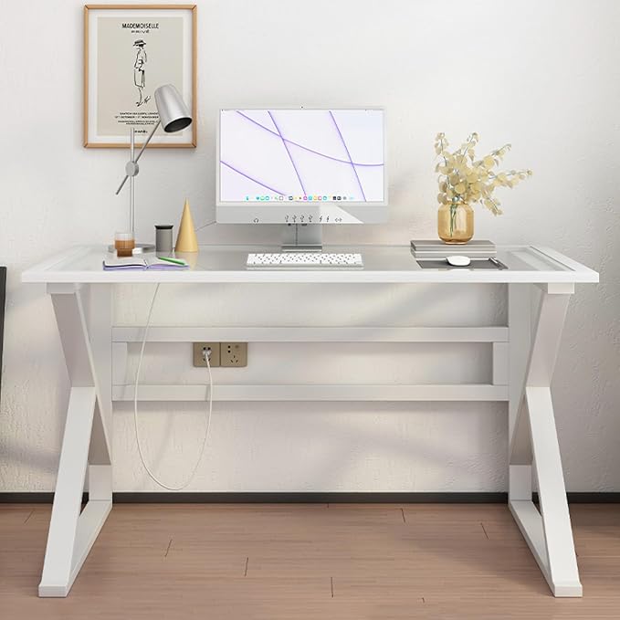 Modern Home Office Desk Tempered Glass Desk with Metal Frame and Clear Glass Tabletop Small Computer Desk for Home Office(47 Inch White)