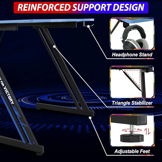 Gaming Desk 47 Inch Z-Shaped Computer Desk Modern Ergonomic PC Computer Table Home Office Desk Racing Style Gaming Workstation with Headphone Hook Blue