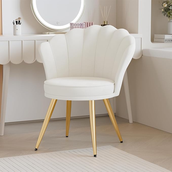 Velvet Accent Chair with Gold Metal Legs Vanity Chair for Makeup Room Upholstered Guest Chair for Living Room for Bedroom White