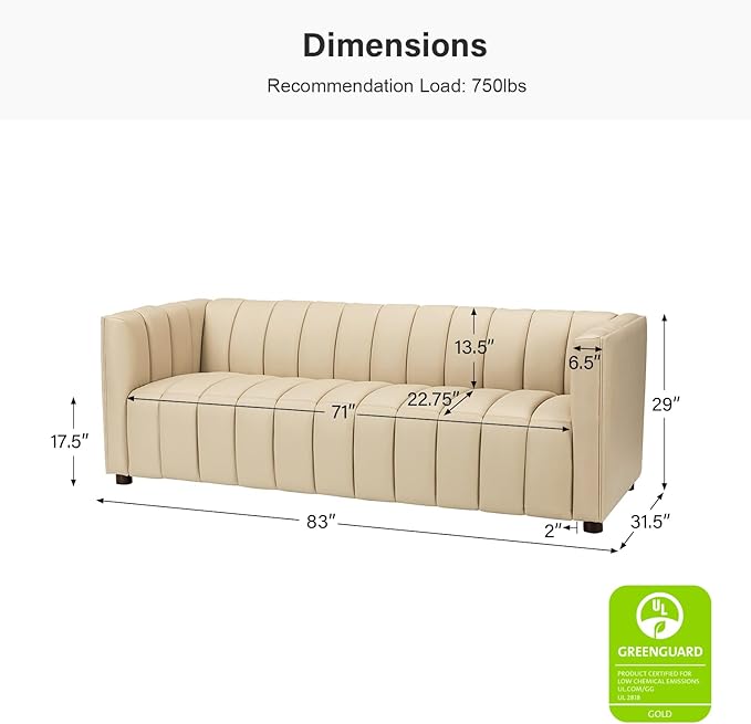 HULALA HOME 83 Genuine Leather Sofa with Channel Tufted Design 3-Seater Sofa for Living Room Bedroom Modern Oversized Couch with Wood Legs Beige
