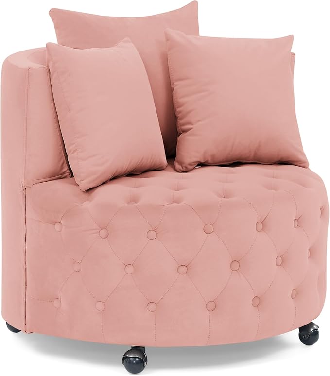 Velvet Upholstered Swivel Chair for Living Room with Button Tufted Design and Movable Wheels Including 3 Pillows Pink