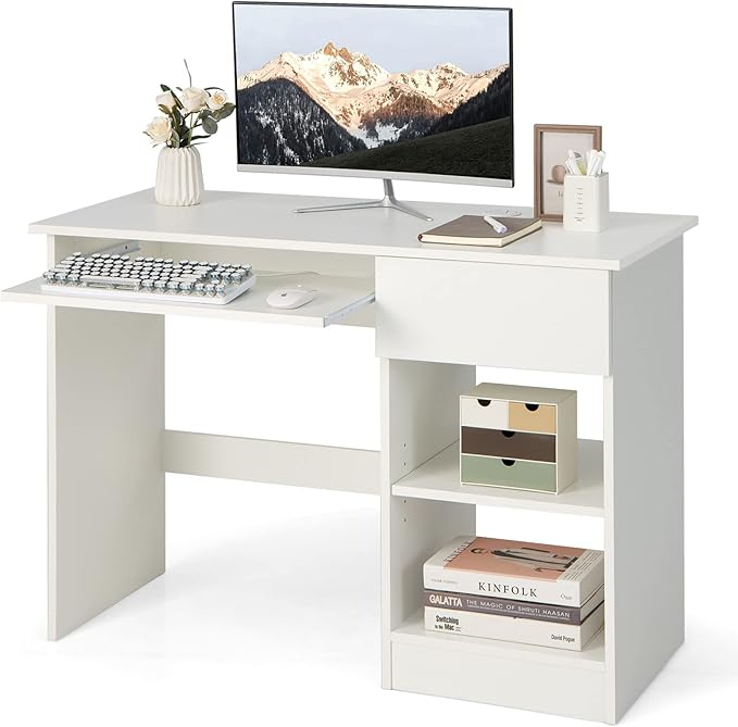 Tangkula White Desk with Drawer Wooden Computer Desk with Pull-Out Keyboard Tray &amp Adjustable Storage Shelves Modern Laptop PC Desk with CPU Stand Writing Study Desk for Bedroom (White)