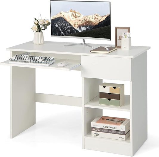 Tangkula White Desk with Drawer Wooden Computer Desk with Pull-Out Keyboard Tray &amp Adjustable Storage Shelves Modern Laptop PC Desk with CPU Stand Writing Study Desk for Bedroom (White)