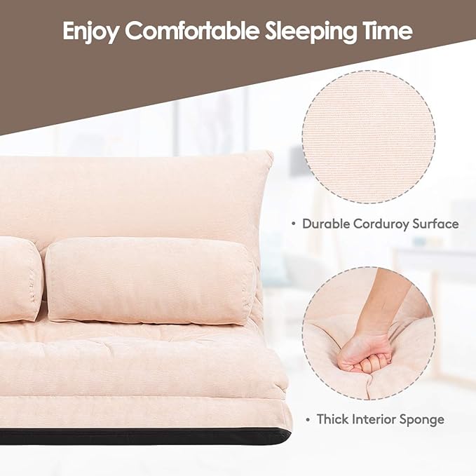 Giantex Adjustable Floor Sofa Couch with 2 Pillows Multi-Functional 6-Position Foldable Lazy Sofa Sleeper Bed Multi-Functional Suede Floor Seating for Reading Gaming (Beige)