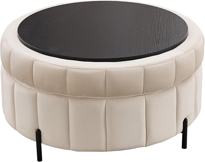 31.5 Round Ottoman with Storage BeigeReversible Lid Upholstered Ottoman Coffee TableModern Pumpkin-Shape Foot Stool for Living Room
