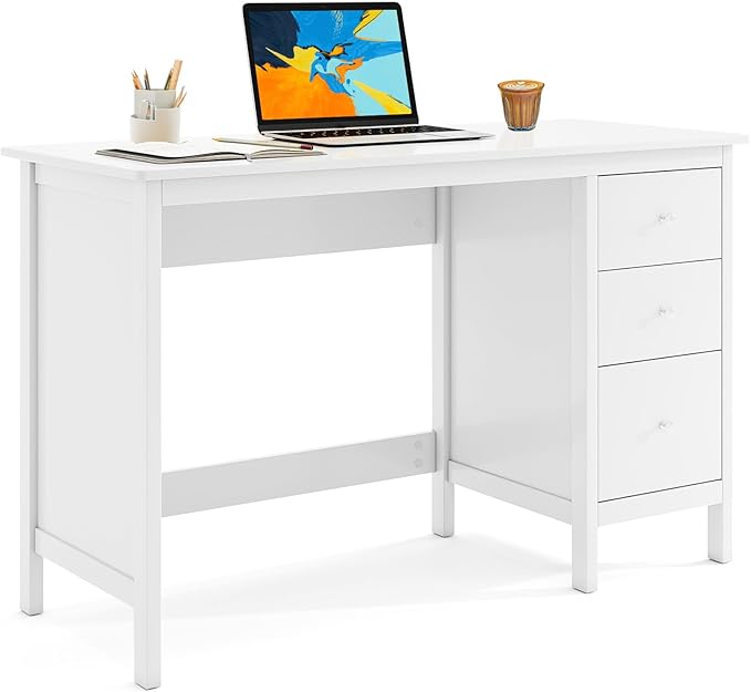 POWERSTONE Computer Desk with 3 Drawers 48x20 Storage Office Desk for Home Office Bedroom Large Study Writing Desk Workstation (White)