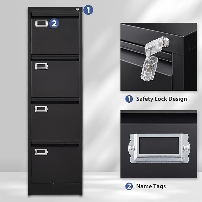 4 Drawer File Cabinet Filing Cabinets for Home Office Metal Vertical File Storage Cabinet with Lock Locking File Cabinet for A4 Legal/Letter 15 W x 17.7 D x 50.1 H Assembly Required