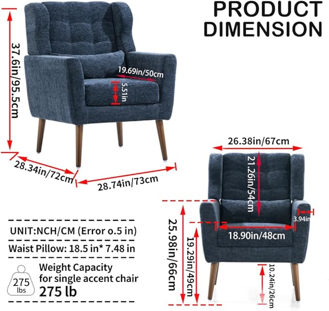 Modern Accent ChairChenille Arm Chairs for Living RoomUpholstered Mordern ArmchairComfy Soft Padded Lounge Chair in Small Space Bedroom w/Pillow Solid Wood Leg (Dark Blue + Chenille)