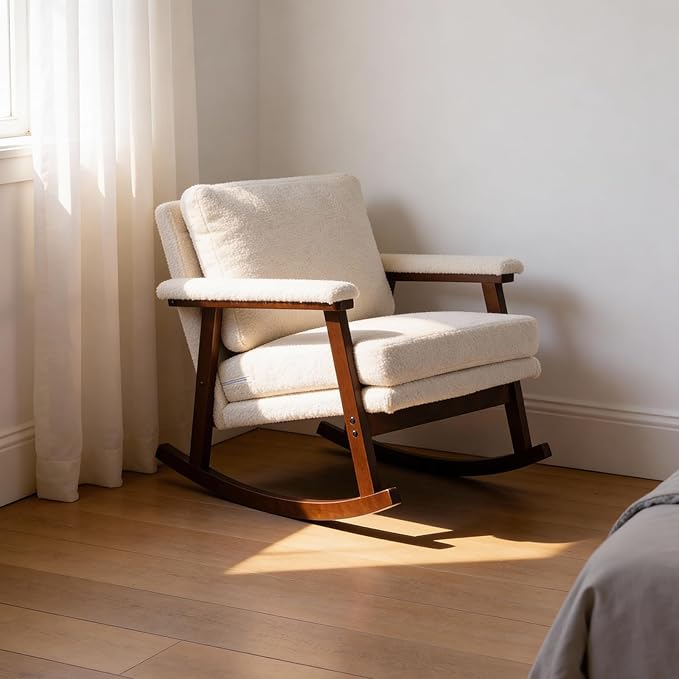 Rocking Chair for Nursery Living Room &amp Bedroom Upholstered Accent Chair with Solid Rubberwood Frame Cozy Reading Chair for Small SpacesWhite