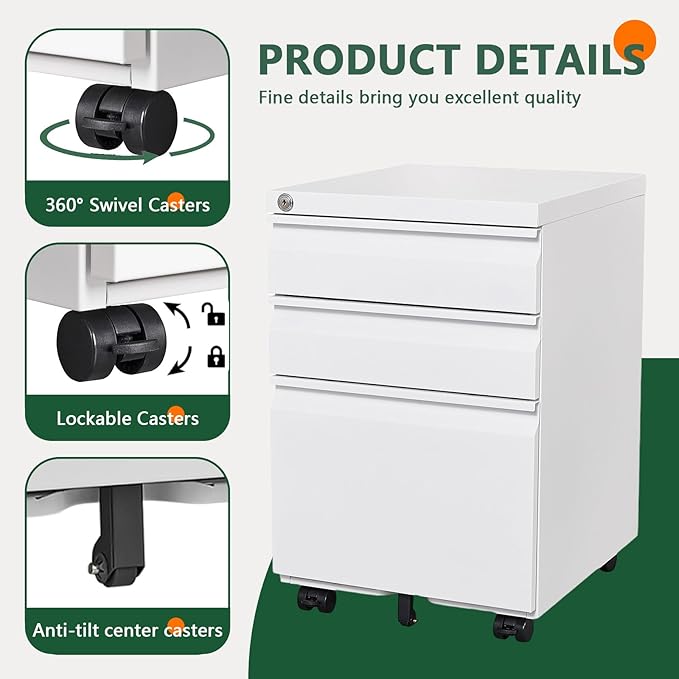 File Cabinet 3 Drawers on Wheels Under Desk White Metal Rolling File Cabinets with Lock for Home Office Un-Assembled Filing Cabinet with Lock (3-Drawer White)
