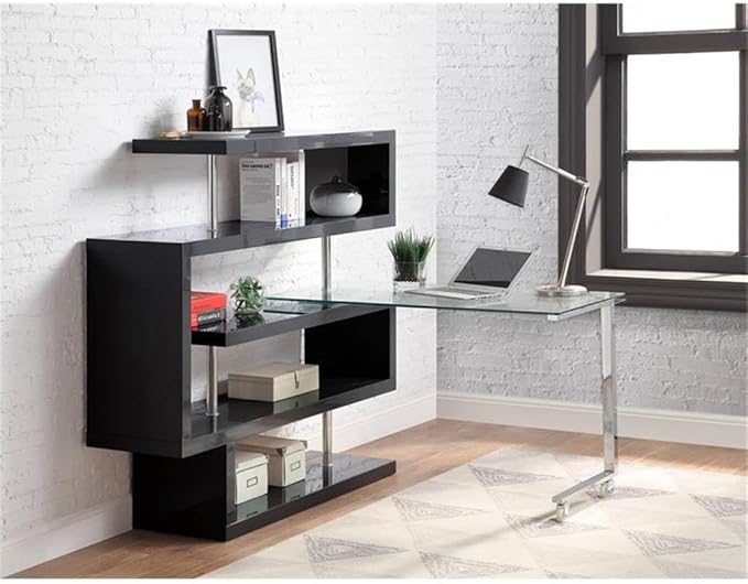 Pemberly Row L-Shaped Writing Desk with Glass Top Chrome and Black High Gloss Finish MDF and Tempered Glass 55 W x 24 D x 54 H 4 Shelves 360° Swivel Function Modern Home Office Desk