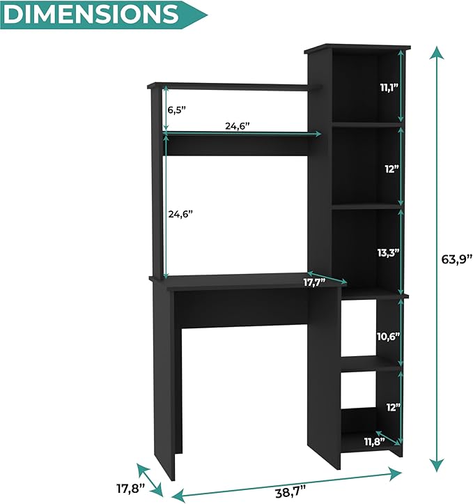 Tuhome Versalles Writing Desk with Two Superior Shelves Five Side Open Storage Compartments Space-Saving Modern Workstation Design for Studios and Offices Ideal for Organization Books