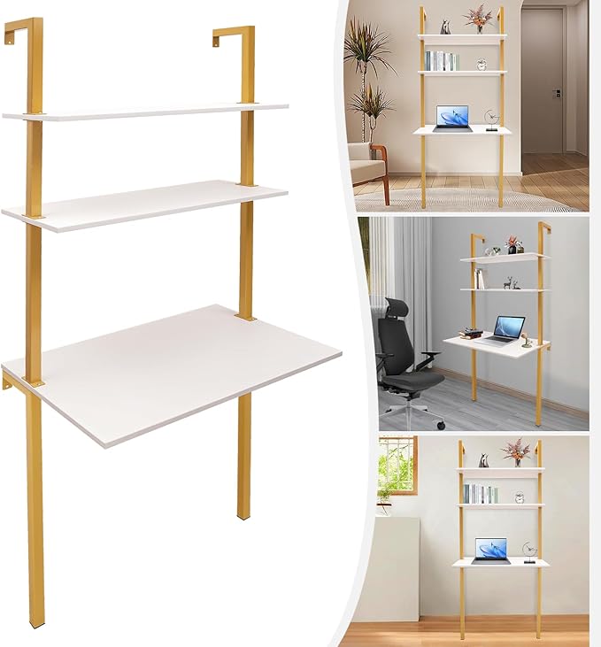 2-Shelf Industrial Wall Mount LadderWall Mount Computer or Writing Desk Computer Laptop Desk with Shelves Wall Table Floating Desk with Storage for Home Office Gold (20 Dx30 Wx72.8 H)