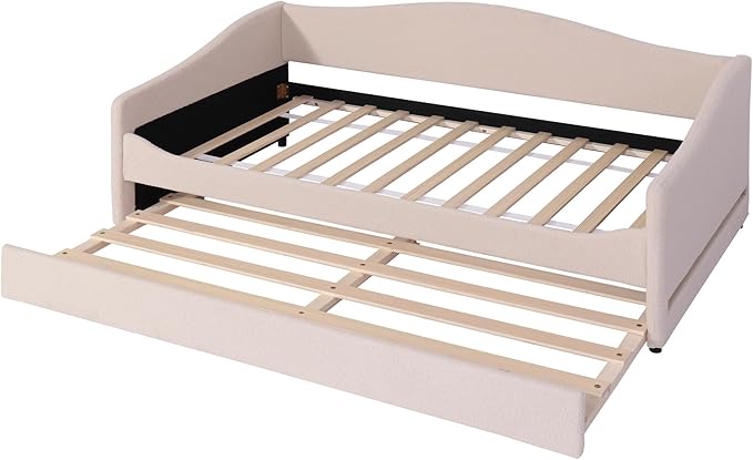 MERITLINE Twin Size Upholstered Daybed with Trundle and LED Light Teddy Fleece Sofa Bed Frame Wood Twin Trundle Bed for Bedroom Living Room Beige