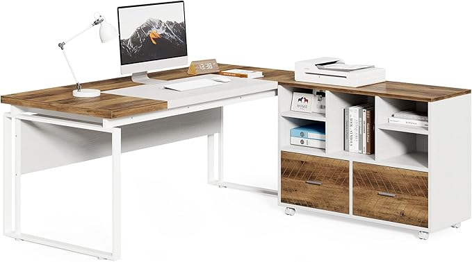 LITTLE TREE 63 L-Shaped Executive Office Desk with Reversible File Cabinet Large Modern Office Desk for Home Office 2-Drawer Wood File Cabinet for Hanging Letter Size Files(Oak Karo &amp White)
