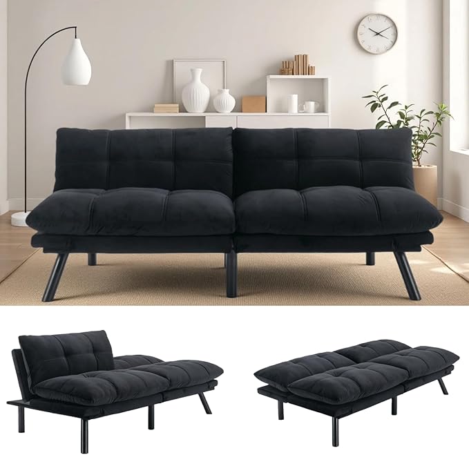 71-inch Microfiber Upholstered Futon Sofa Bed - 2 Seats Adjustable Arms/Back Iron Legs | Convertible to Sleeper for Main Living Spaces Bedrooms Offices (Black+2Seat)