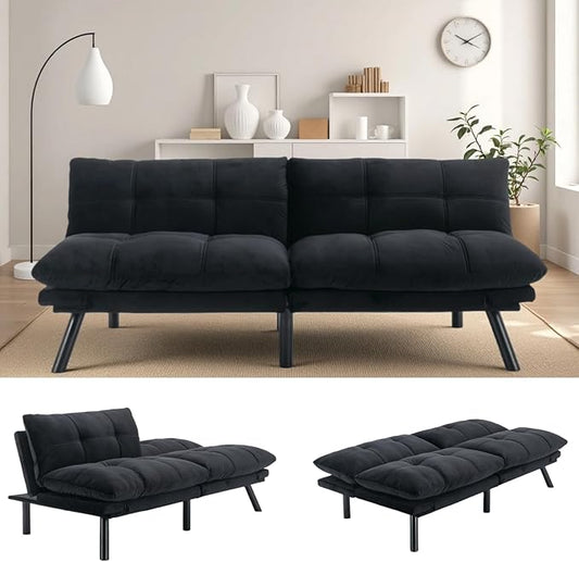 71-inch Microfiber Upholstered Futon Sofa Bed - 2 Seats Adjustable Arms/Back Iron Legs | Convertible to Sleeper for Main Living Spaces Bedrooms Offices (Black+2Seat)