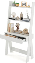 Giantex 3 Tier Ladder Desk with Drawer 33’’ Width Ladder Shelf with Anti-Tipping Device Freestanding Bookshelf Leaning Computer Desk with Shelves for Small Space (White)