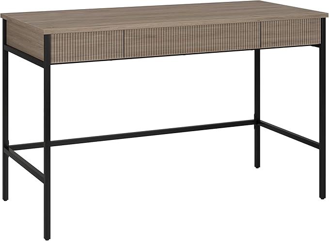 Henn&ampHart 48 Fluted Mid-Century Modern Rectangular Wooden Home Office Desk Computer Desk Writing Table with 3 Ribbed Storage Drawers for Bedroom Living Room or Home Office Weathered Gray