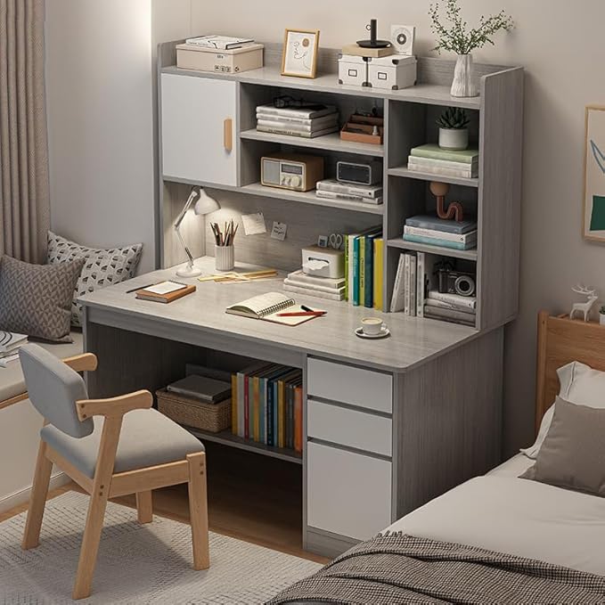 LITFAD Modern Computer Desk Work from Home Desk with Hutch Bookcase and Integrated Cable Management Rectangular Wood Office Desk 3 Drawers 47.2 L x 17.7 W x 64.2 H Grey