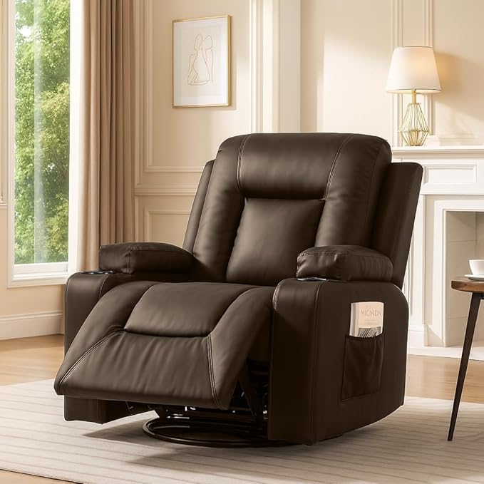 COMHOMA Recliner ChairPU Rocking Chair for AdultsSwivel Recliner with Cup HoldersSingle Sofa Seat with Side Pockets for Living RoomBedroom(Brown)