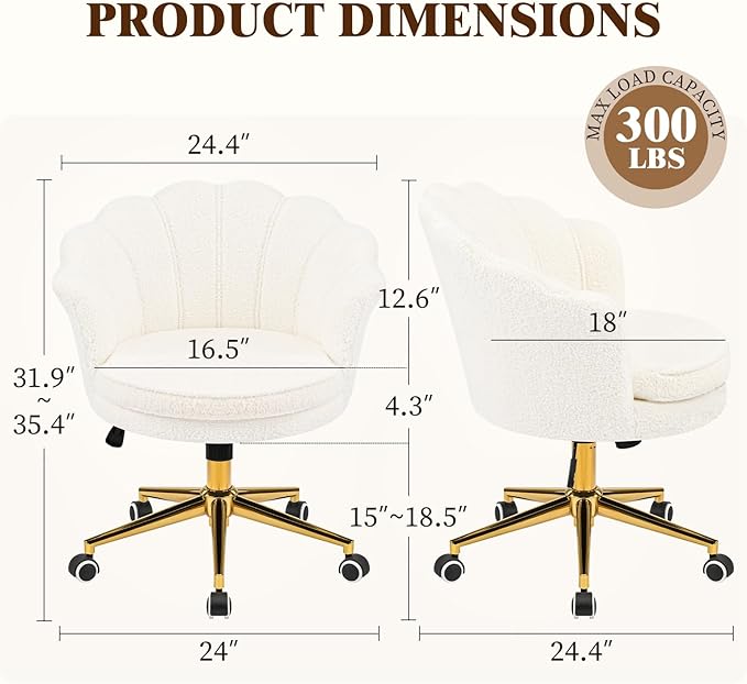 Vanity Chair with Back and Wheels Faux Fur Cute Home Office Desk Chair Upholstered with Gold Base and Petal Arm Comfy Makeup Chair Swivel Adjustable for Task Living Room Bedroom White