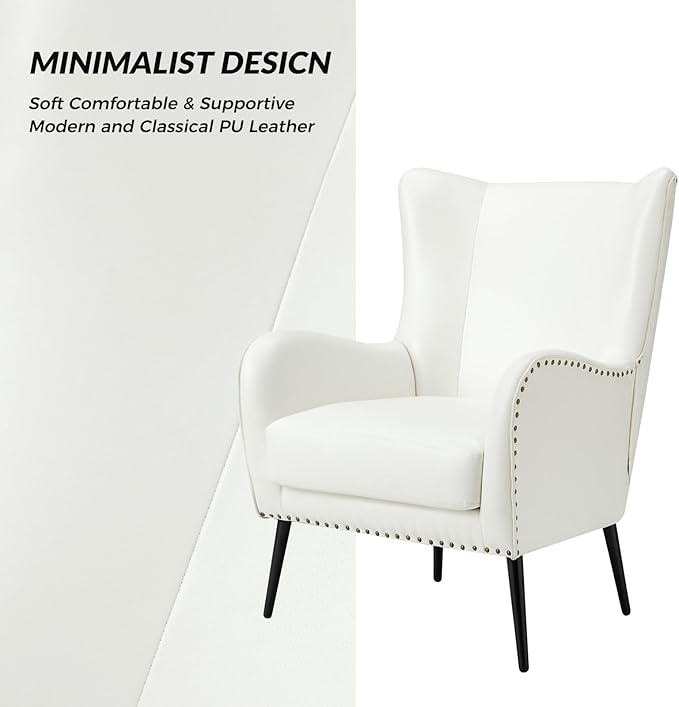 HULALA HOME Faux Leather Accent Chair with Removable Cushion Comfy Upholstered Armchair with Black Metal Legs &amp Nailhead Trim Wingback Vanity Chair for Reading Living Room Bedroom Ivory