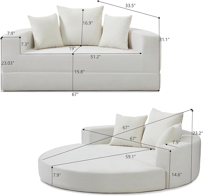67-inch Convertible Futon Sofa Bed Round Folding Comfy Corduroy Upholstered Couch Bed with 3 Pillows Boneless Floor Lazy Loveseat Sofa for Living Room Apartment Small Spaces Pinstripe Beige