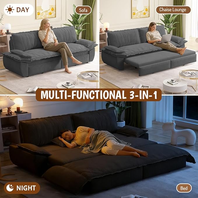 73.2 Queen Size Pull Out Sofa Bed 3-in-1 Convertible Sleeper Corduroy Loveseat for Living Room Apartment Bedroom Small Spaces Dark Grey (Mattress &amp Bedding Not Included)