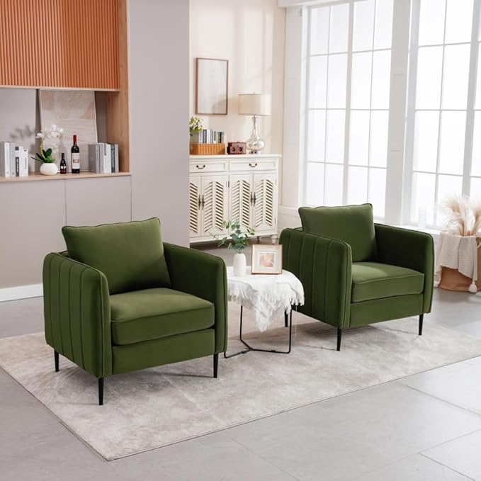 Velvet Accent Chair Mid-Century Modern Armchair with Metal Legs Single Sofa Chair for Living Room Bedroom Office Reading Includes Pillow (Green + Steel + Velvet + Wood + 1 Seat + Foam)