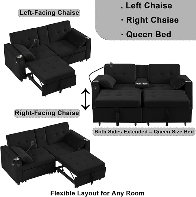 70 Queen Size Sofa Bed for Living Room – Pull-Out Sleeper Sofa Couch with Cup Holder Phone Holder USB Charging Port Solid Wood Frame Easy Assembly Space-Saving Design for Small Apartments