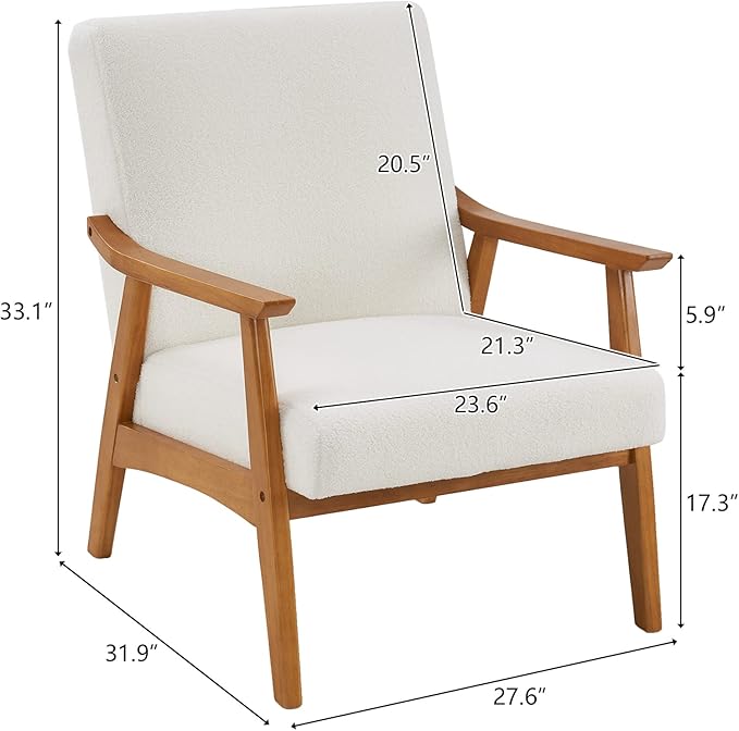 Accent Chair for Living Room Mid-Century Modern Lounge Chair with Solid Wood Legs Comfortable Reading Armchair for Office Apartment Bedroom Waiting Room Off-White