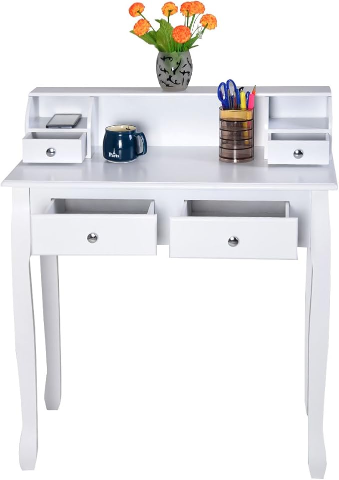 GOFLAME Writing Desk Large Storage Space with 4 Drawers Secretary Table Computer Desk Writing Table with Detachable Tabletop Organizer Suit for Home and Office Use (White)