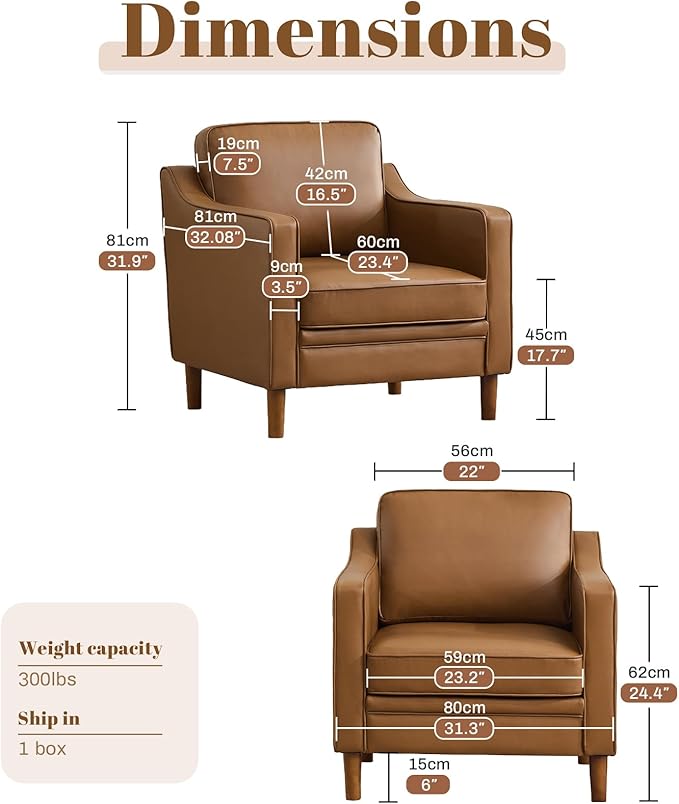 Kingfun Accent Chair Living Room Chairs Faux Leather Reading Armchair Mid Century with Solid Wood Foot Upholstered Modern Decor for Bedroom Apartment Brown