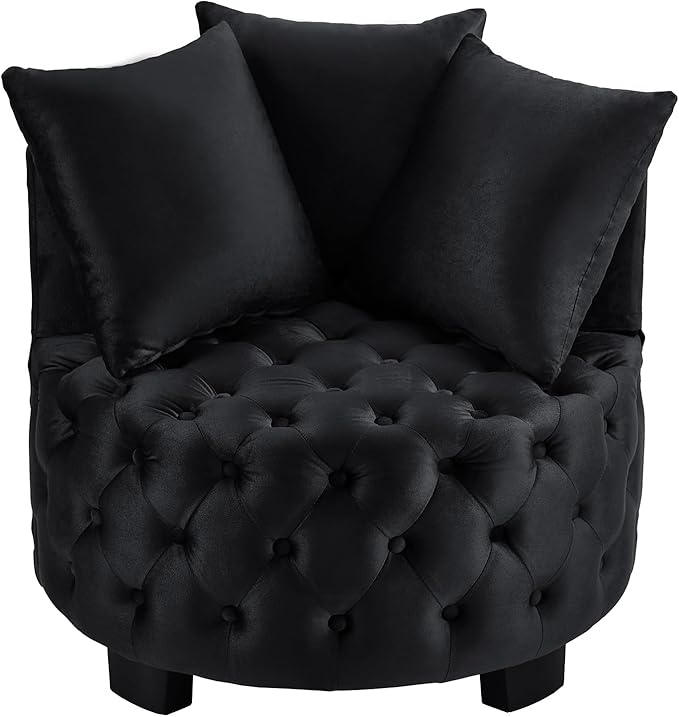 Velvet Accent Lounge Chair - 31.25''W Upholstered Button Tufted Velvet Barrel Chair with 3 Pillows with Button Tufted Modern Round Club Chair Reading Sofa Chair (Black)