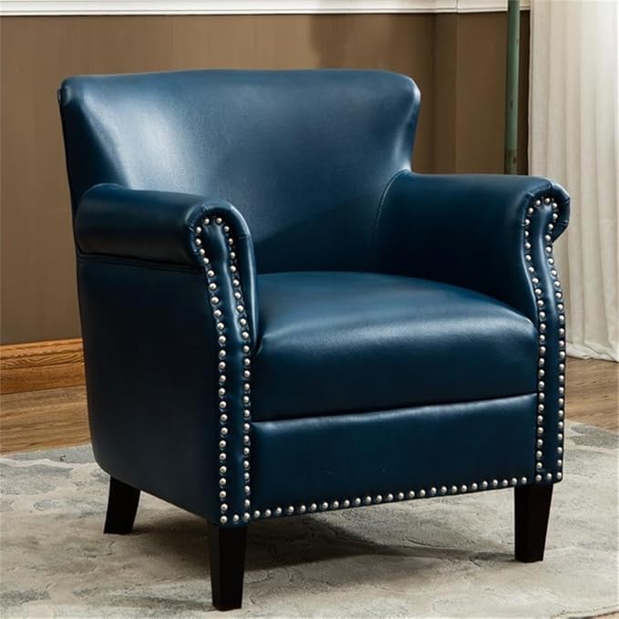 Pemberly Row Navy Blue Faux Leather Club Chair Chrome Nail Head Trim 18.9 in Seat Height Solid Wood Frame No Sag Springs 2.2 Density Foam Cushion Living Room Den or Office Use