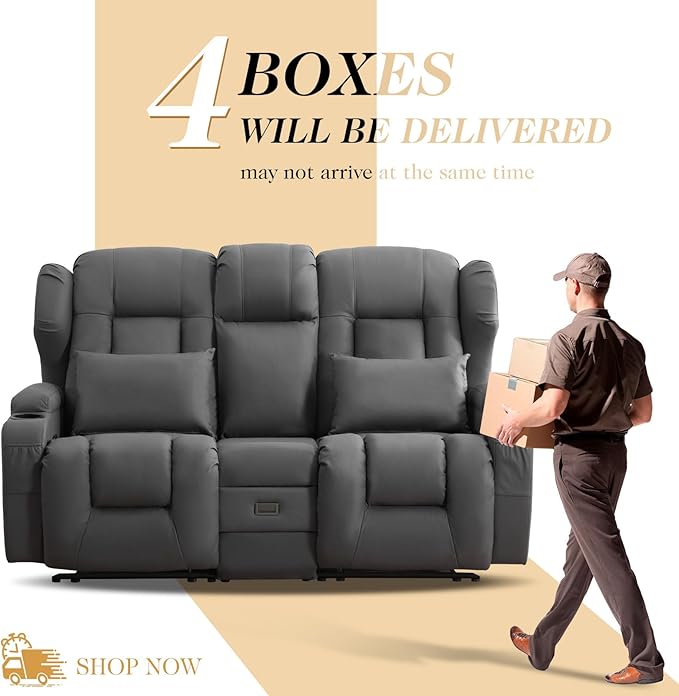 Loveseat Recliner SofaRV Wall Hugger Recliners for Small SpacesReclining Loveseat Sofa Recliner with Cup Holders/Lumbar PillowsRV Furniture (Dark Gray Loveseat with Flip-up Console)