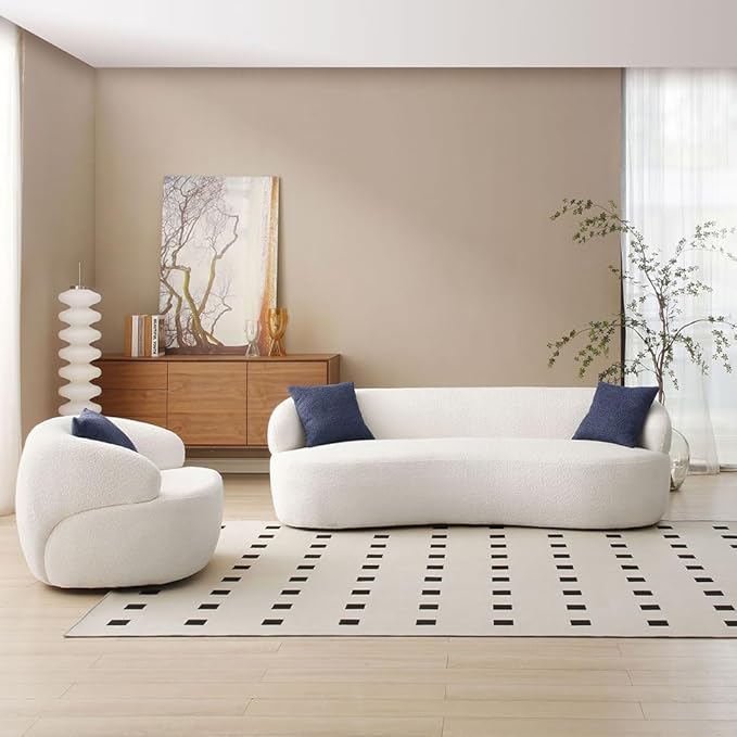 Curved Sofa Couch 86.6 3-Seater Modern Boucle Sectional Sofa Couch Comfy Cloud Upholstered 3 Seat Leisure Cushion Sofa with Pillows for Living Room Bedroom Office Apartment Beige