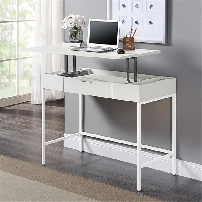 Pemberly Row Worksmart Sit-to-Stand Desk 40 W x 20 D x 31 H White Oak Engineered Wood Adjustable Height with Storage Drawer Modern Steel Frame Home Office or Student Desk