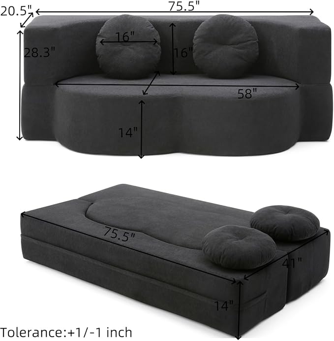 KEIKI 2-in-1 Folding Sofa Bed with Pillow Queen Sleeper Sofa Floor &amp Futon Loveseat Couch Foam Folding Mattress for Living Room Guest Use Office Apartment No Assembly Required Black