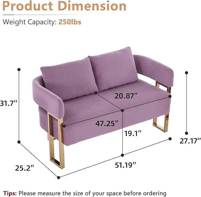 Teddy Fabric Accent Chair Modern Side Chair with Gold Metal Legs 51 Inch Wide Upholstered Loveseat for Living Room Dressing Area Office (Lilac)