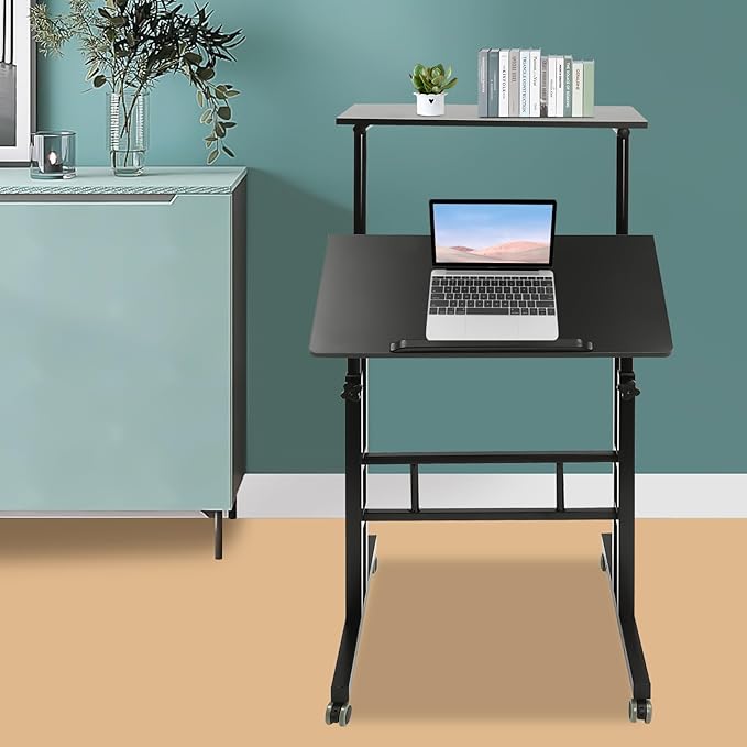 Movable Standing Desk Adjustable Height &amp Angle Rolling Lifting Laptop Podium Desk Side Table Tilting Panel Mobile Standing for Office Teacher Classroom School Meeting Room Study Room (Black)